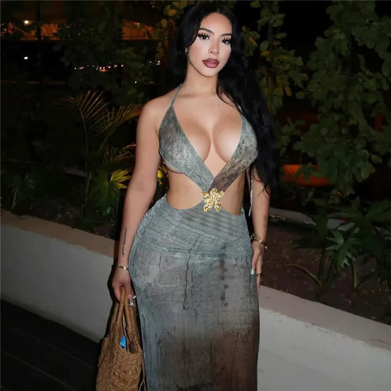 Halter Deep V Neck Print Sexy Maxi Dress For Women Gown Summer New Hollow Out Sleeveless Backless Beach Long Dress