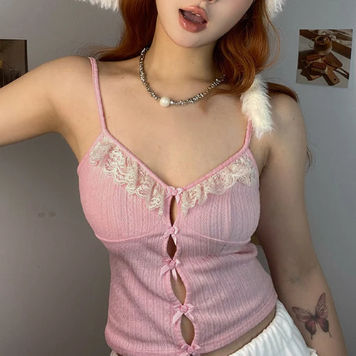 Load image into Gallery viewer, Hotsweet Lace Spliced Pink Summer Crop Tops Short Coquett Clothes Lolita Bow Sexy Camis Kawaii Slim Y2K Clothes Girls
