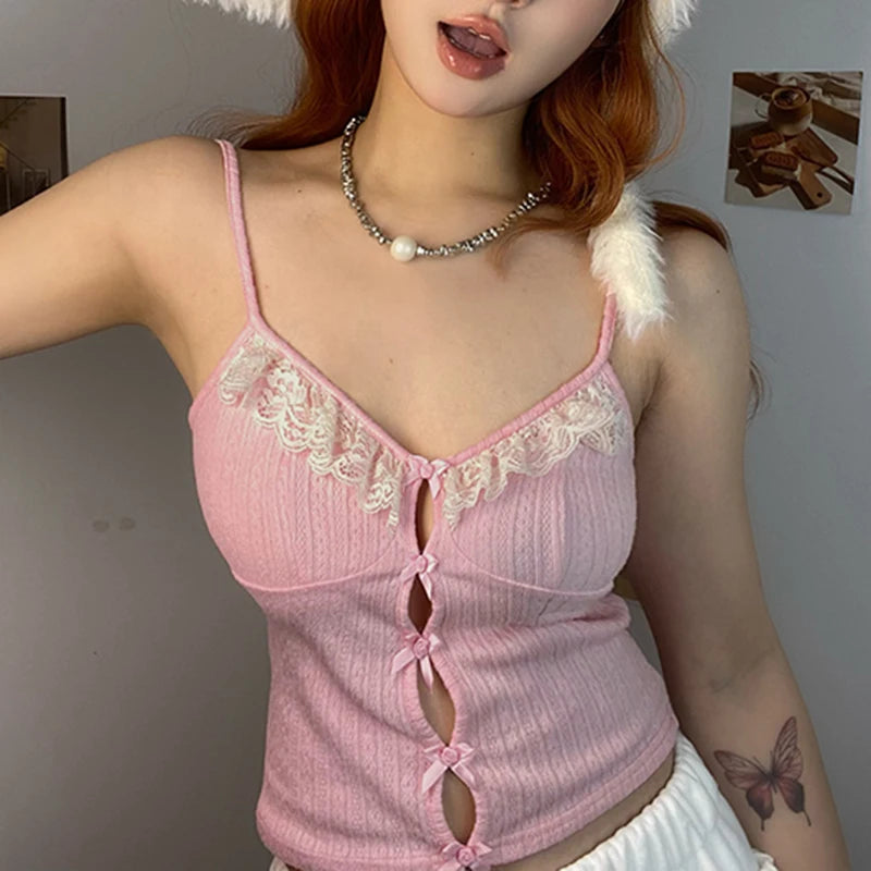 Hotsweet Lace Spliced Pink Summer Crop Tops Short Coquett Clothes Lolita Bow Sexy Camis Kawaii Slim Y2K Clothes Girls