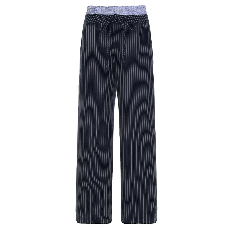 Streetwear Striped Waist Patched Straight Leg Pants Women's Harajuku Botton-Fly Full Length Trousers 2025 New Bottoms