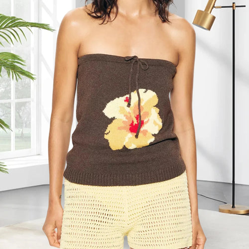 Load image into Gallery viewer, y2k Off Shoulder Tops Women Floral Pattern Strapless Bow Tie Front Knitted Tube T Shirts Vest 2000s Clothes Beachwear
