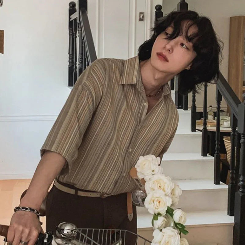 Men's Short Sleeve Striped Shirts New Summer Loose Single Breasted Casual Turn-down Collar Korean Trendy Top 9W1620