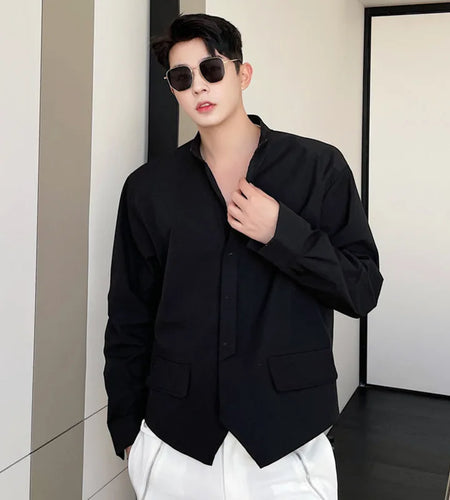 Men's Long Sleeved Shirts New Korean Fashion Solid Color Trend Double Pointed Hem Stand Collar Male Clothing Spring 9W1403