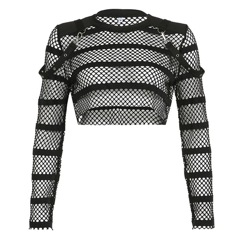 Load image into Gallery viewer, Streetwear Gothic Punk Style Fishnet Top Smock Summer T shirt Women Buckle See Through Pullover Dark Academia Shirts
