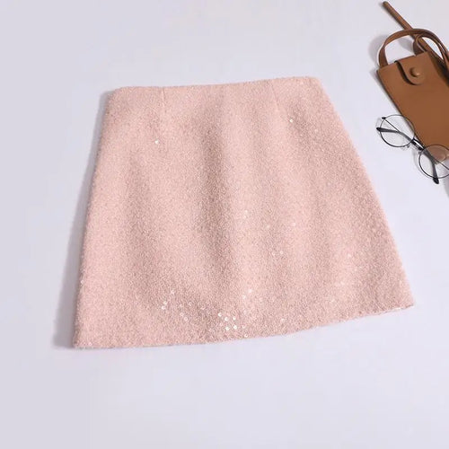 Load image into Gallery viewer, Summer Women Fashion Pink Sequin Temperament Wrapped Hip Short Skirt 2024 New Vintage Blakc Beige High Waist A Line Mini Skirts
