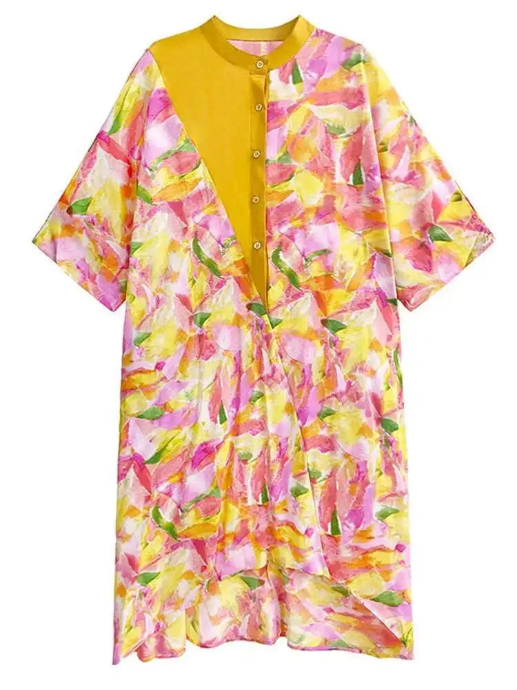 Women Blue Printed Big Size Midi Floral Dress New Stand Collar Short Sleeve Loose Fit Fashion Spring Summer 2025 1DF9379