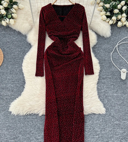 Autumn Women Fashion 2024 New Black Red Diamonds Elegant V Neck Long Sleeve Slim Evening Party Dress Gold Hollow Out Dress Robe