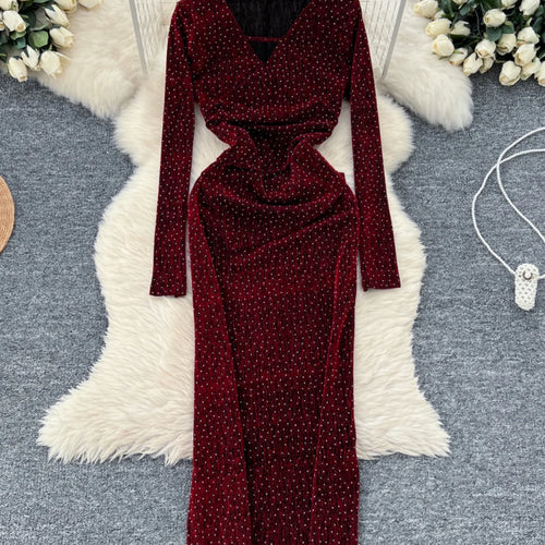 Load image into Gallery viewer, Autumn Women Fashion 2024 New Black Red Diamonds Elegant V Neck Long Sleeve Slim Evening Party Dress Gold Hollow Out Dress Robe
