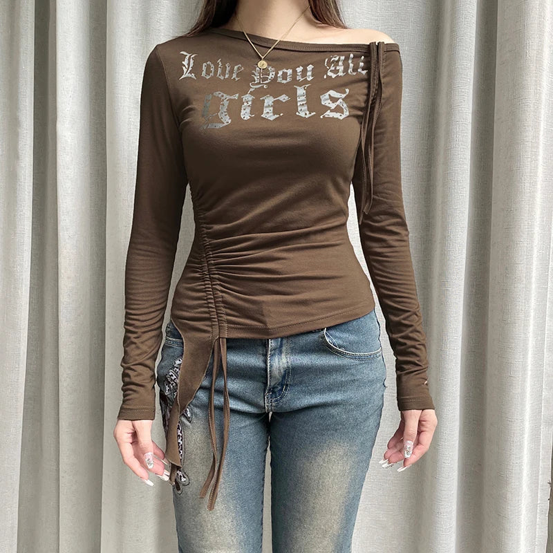 Asymmetrical Drawstring Letter Y2K Top Slim Harajuku Autumn Tee T-shirts Women Ribbon Skew Collar Shirring Retro Tops