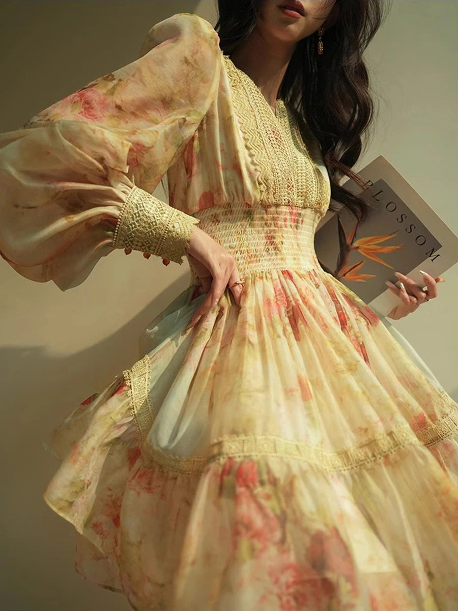 Hit Color Loose Dresses For Women V Neck Long Sleeve High Waist Temperament Mini Dress Female Fashion Style Clothes