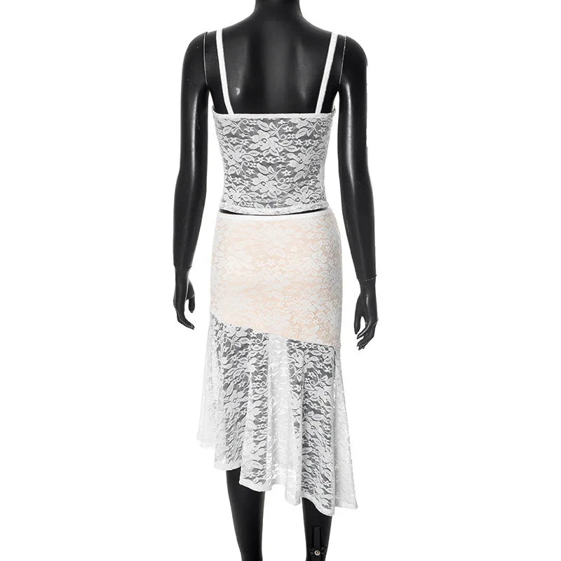 Lace Sexy Two Piece Sets Women Lace Halter Cropped Tops And Skirt Ladies Print Contrast Color Club Party 2 Piece Sets