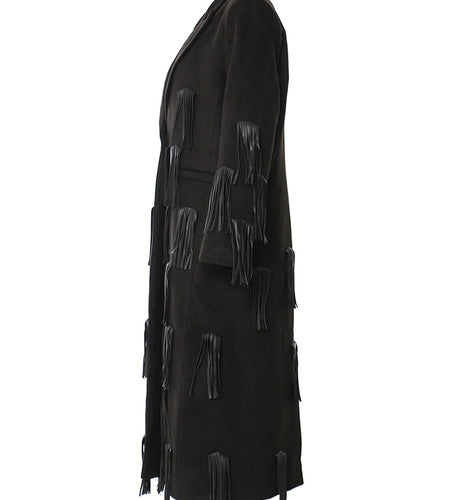 Women Black Pu Leather Tassels Big size long Trench New Lapel Long Sleeve Windbreaker Fashion Spring Autumn 2025 1DH4394