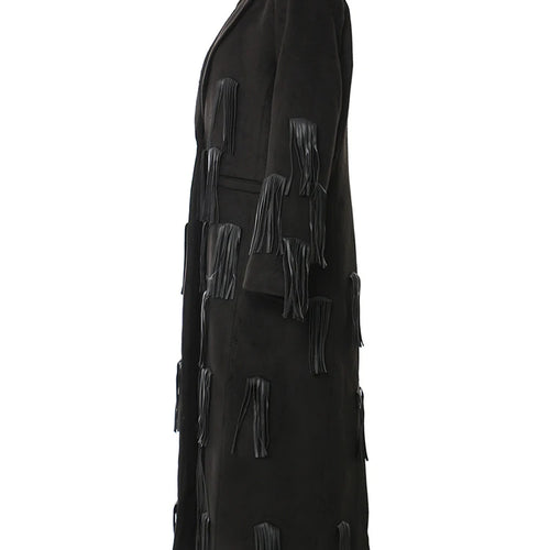 Load image into Gallery viewer, Women Black Pu Leather Tassels Big size long Trench New Lapel Long Sleeve Windbreaker Fashion Spring Autumn 2025 1DH4394
