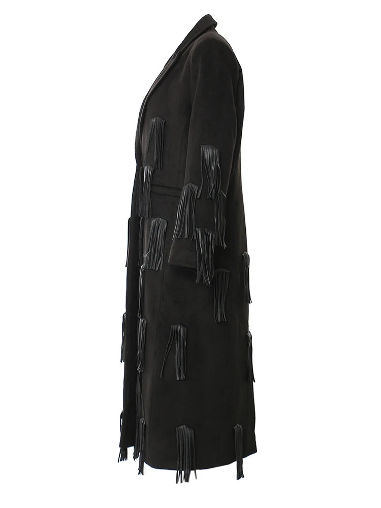 Women Black Pu Leather Tassels Big size long Trench New Lapel Long Sleeve Windbreaker Fashion Spring Autumn 2025 1DH4394