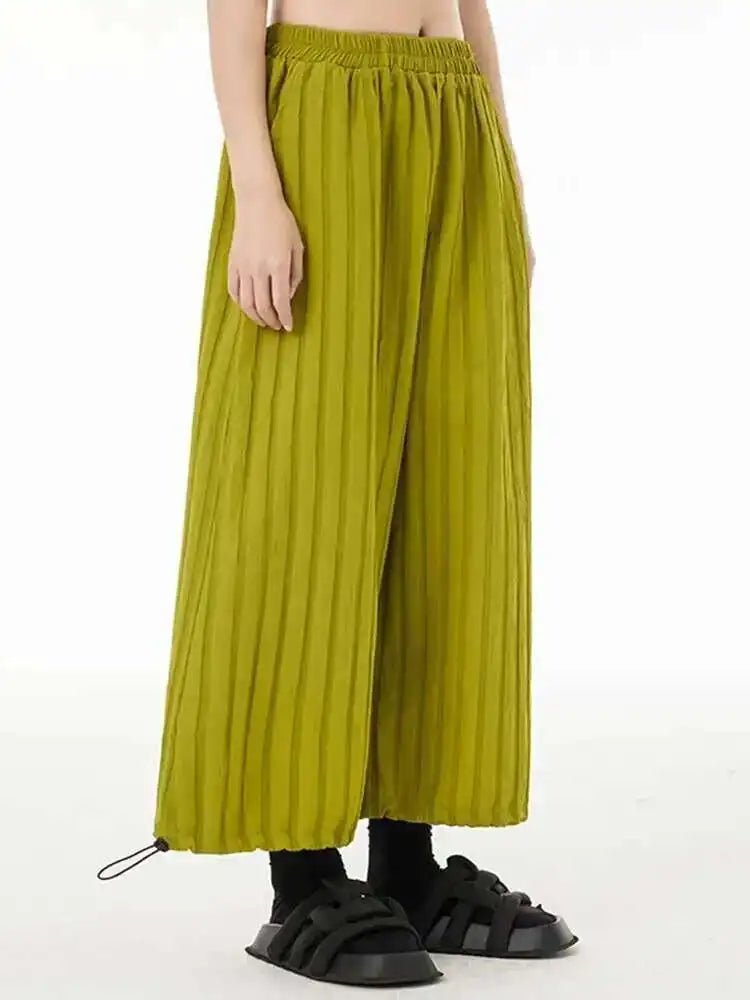 High Elastic Waist Green Pleated Striped Drawstring Pants New Loose Fit Trousers Women Fashion Spring Autumn 2025 1DF5825
