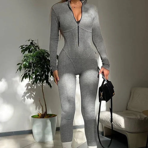 Load image into Gallery viewer, Fashion Long Sleeved Zipper Elastic Tight Jumpsuit For Women 2025 New Autumn/Winter Slim Female Casual Outdoor Rompers
