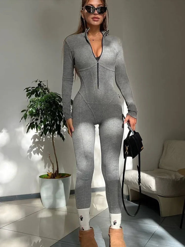 Fashion Long Sleeved Zipper Elastic Tight Jumpsuit For Women 2025 New Autumn/Winter Slim Female Casual Outdoor Rompers