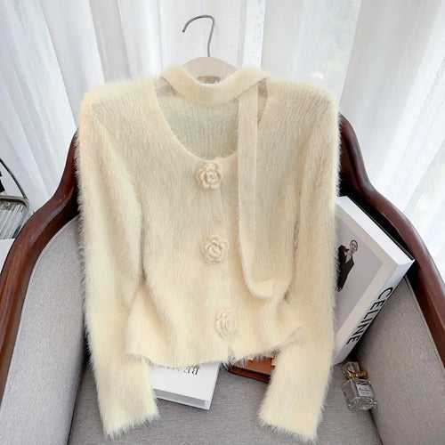 Load image into Gallery viewer, French Vintage Women Solid Elegant Long Sleeve Knitted Mink Sweater 2024 New Autumn Winter Ladies Round Neck Flower Cardigan Top
