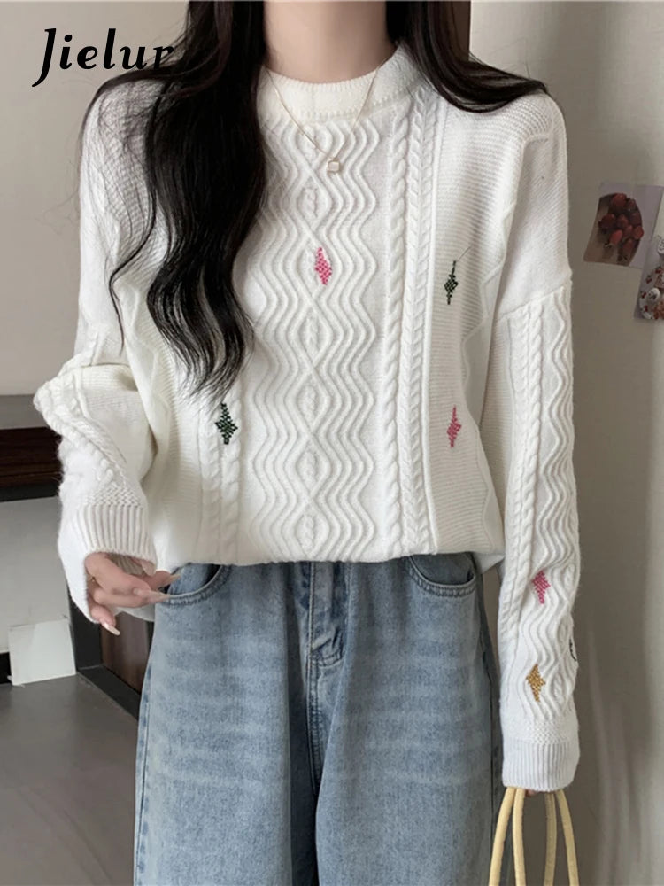 Women Knitted Sweater Autumn New O-Neck Vintage Embroidered Knitwear Baggy Long Sleeve Warm Lady White Pullover Chic