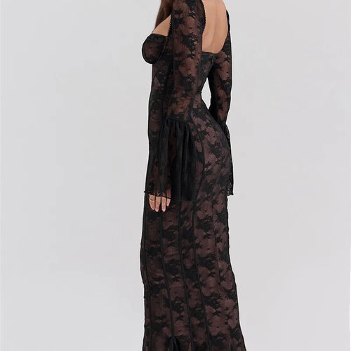 Load image into Gallery viewer, Lace Print Long Flare Sleeve Sexy Maxi Dress For Women Fashion Square Collar Backless Bodycon Club Party Sexy Dress
