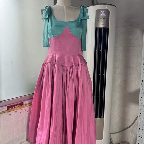 Load image into Gallery viewer, Hit Color Spliced Bowknot Sweet Long Dresses for Women V Neck Sleeveless High Waist Patchwork Ruffles Dress Female
