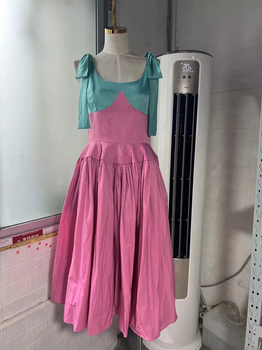 Hit Color Spliced Bowknot Sweet Long Dresses for Women V Neck Sleeveless High Waist Patchwork Ruffles Dress Female