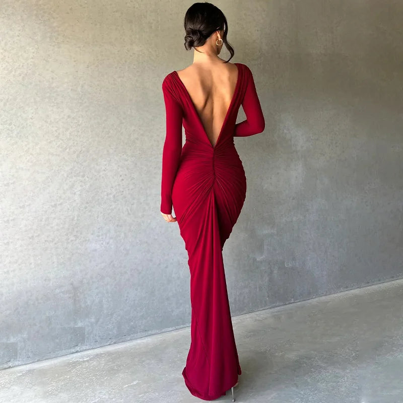 Deep V Neck Ruched Maxi Dress Women Gown Autumn New Long Sleeve Backless Bodycon Sexy Party Evening Dress Vestidos