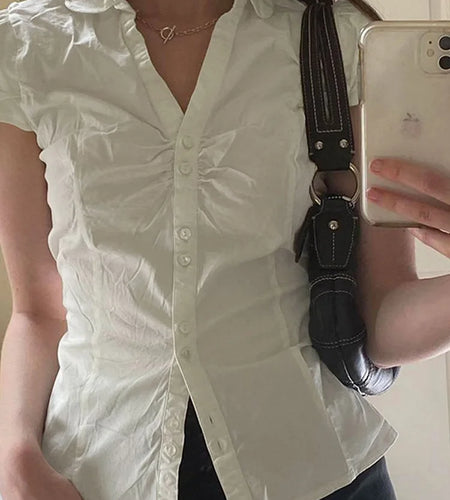 White Tie Up T Shirt y2k Women Short Sleeve Turn Down Collar Button Crop Top Vintage Harajuku Korean Tee Summer Casual