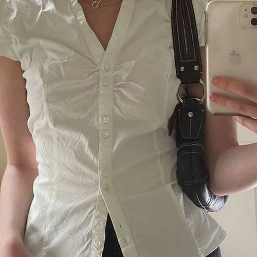 Load image into Gallery viewer, White Tie Up T Shirt y2k Women Short Sleeve Turn Down Collar Button Crop Top Vintage Harajuku Korean Tee Summer Casual
