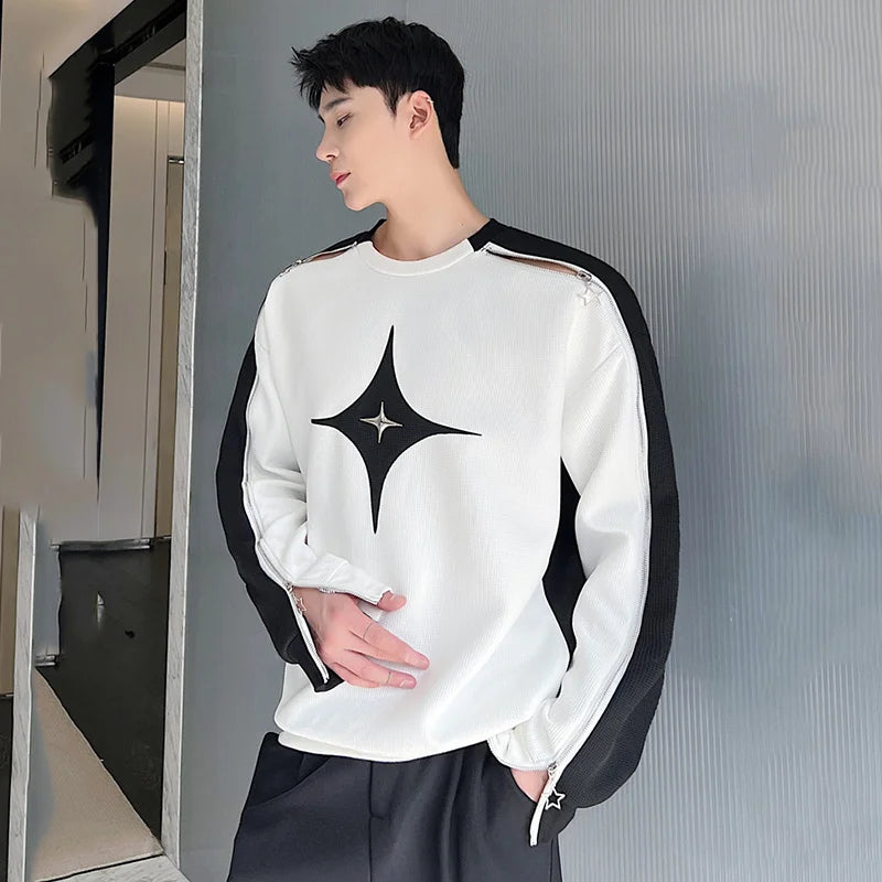 Men Hollow Out T-shirts New Trendy Contrast Color Zipper Niche Design Loose Casual Male Korean Fashion Top Patchwork 9A7261