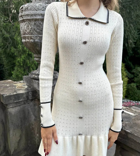 Elegant Knitted Sweater Button Elastic Slim Women Dress Lotus Leaf Edge Bodycon Long Sleeve Fall New 2024 Female Vestido