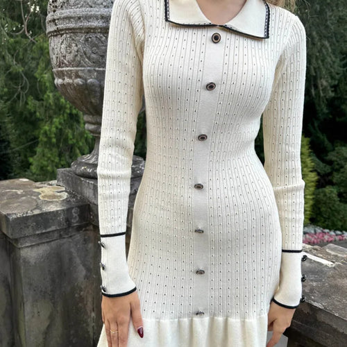 Load image into Gallery viewer, Elegant Knitted Sweater Button Elastic Slim Women Dress Lotus Leaf Edge Bodycon Long Sleeve Fall New 2024 Female Vestido
