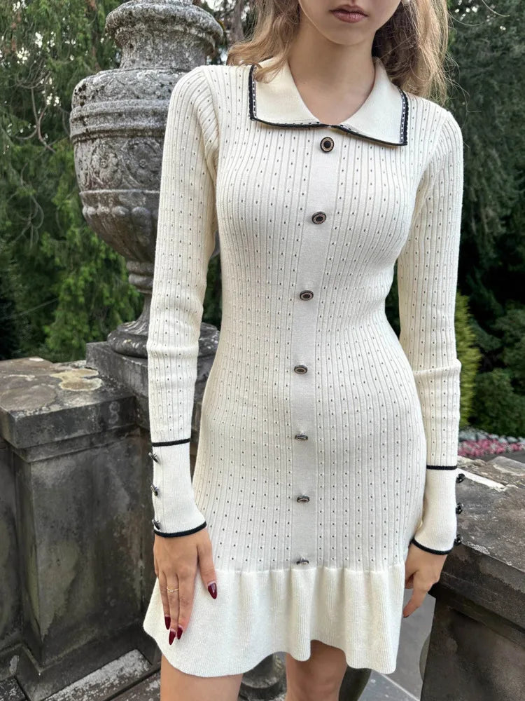 Elegant Knitted Sweater Button Elastic Slim Women Dress Lotus Leaf Edge Bodycon Long Sleeve Fall New 2024 Female Vestido