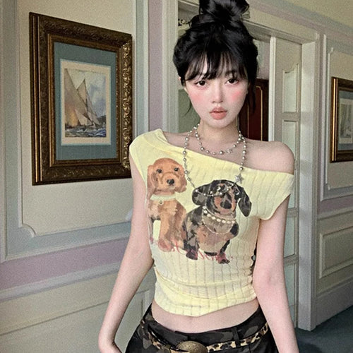 Load image into Gallery viewer, Women Harajuku Cartoon Printing Tops Y2k Aesthetic Sexy Slash Neck Fairy Tees Summer Slim Fit Streetwear Grunge Cropped Tshirts
