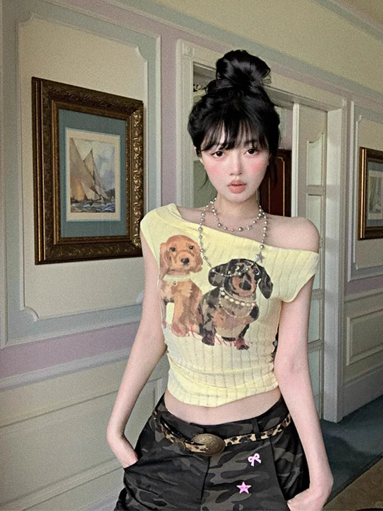 Women Harajuku Cartoon Printing Tops Y2k Aesthetic Sexy Slash Neck Fairy Tees Summer Slim Fit Streetwear Grunge Cropped Tshirts