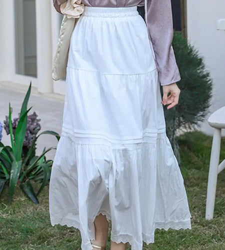 Spring Summer Black White Patchwork Lace High Waist Pleated Skirt Women French Vintage Beige Elegant Vacation Party Long Skirts