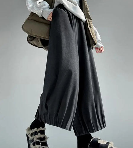 Women Black High Waist Pleated Woolen Ankle-length Pant Grey Versatile Wide Leg Trousers 2024 Autumn Winter Streetwear Simple
