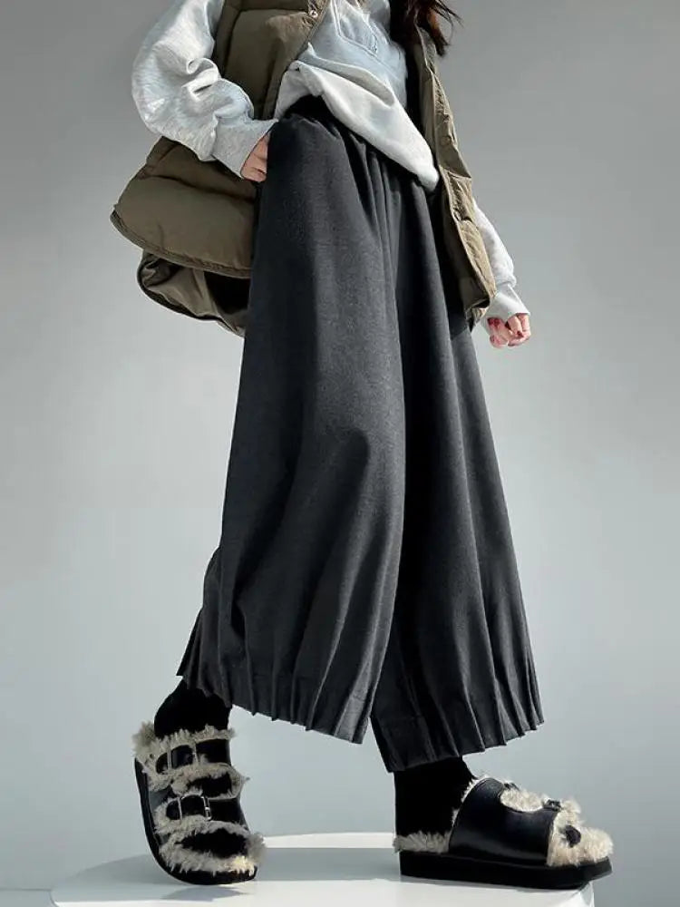 Women Black High Waist Pleated Woolen Ankle-length Pant Grey Versatile Wide Leg Trousers 2024 Autumn Winter Streetwear Simple