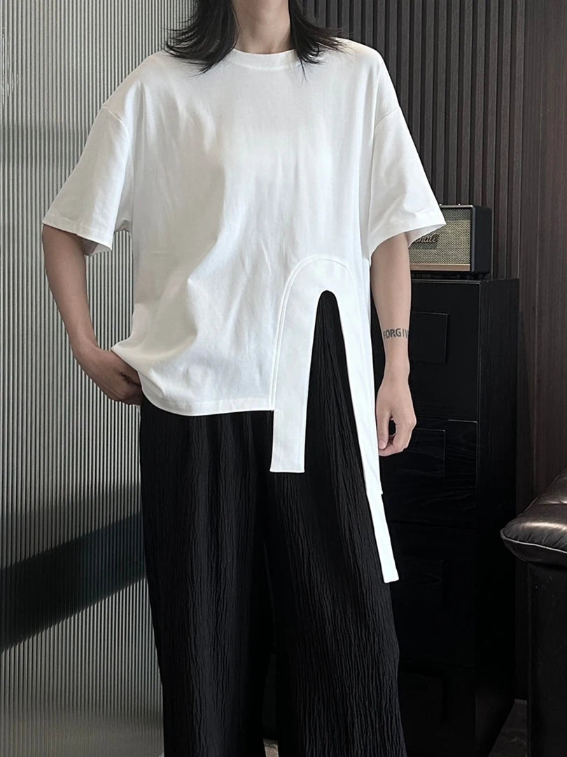 Women White Hem Irregular Spliced Big Size Casual T-shirt New Round Neck Short Sleeve Fashion Spring Summer 2025 1DH5508