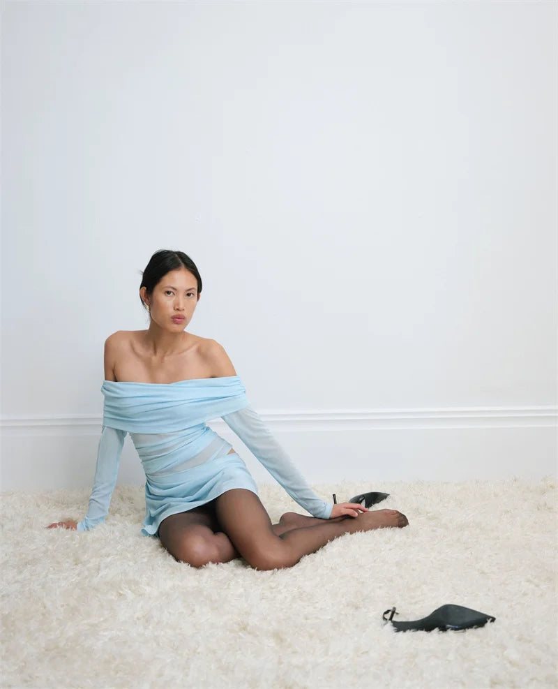 Hollow Out Off-shoulder Sexy Mini Dress Women Fashion Patchwork Strapless Long Sleeve Backless Ruched Club Dress