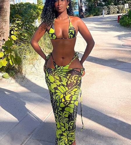 Mesh Beach Vacation Women 3 Piece Set Thin Sexy Y2K Print Halter Bra+Thong+Wrapped Maxi Split Skirts Matching Swimsuit