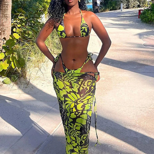 Load image into Gallery viewer, Mesh Beach Vacation Women 3 Piece Set Thin Sexy Y2K Print Halter Bra+Thong+Wrapped Maxi Split Skirts Matching Swimsuit
