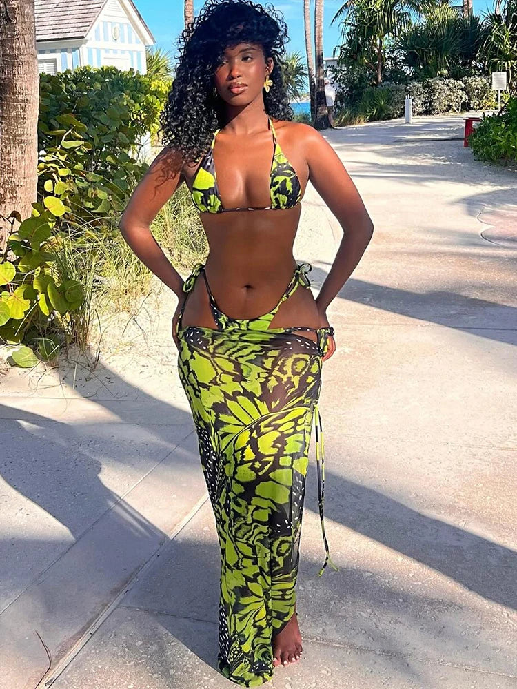 Mesh Beach Vacation Women 3 Piece Set Thin Sexy Y2K Print Halter Bra+Thong+Wrapped Maxi Split Skirts Matching Swimsuit