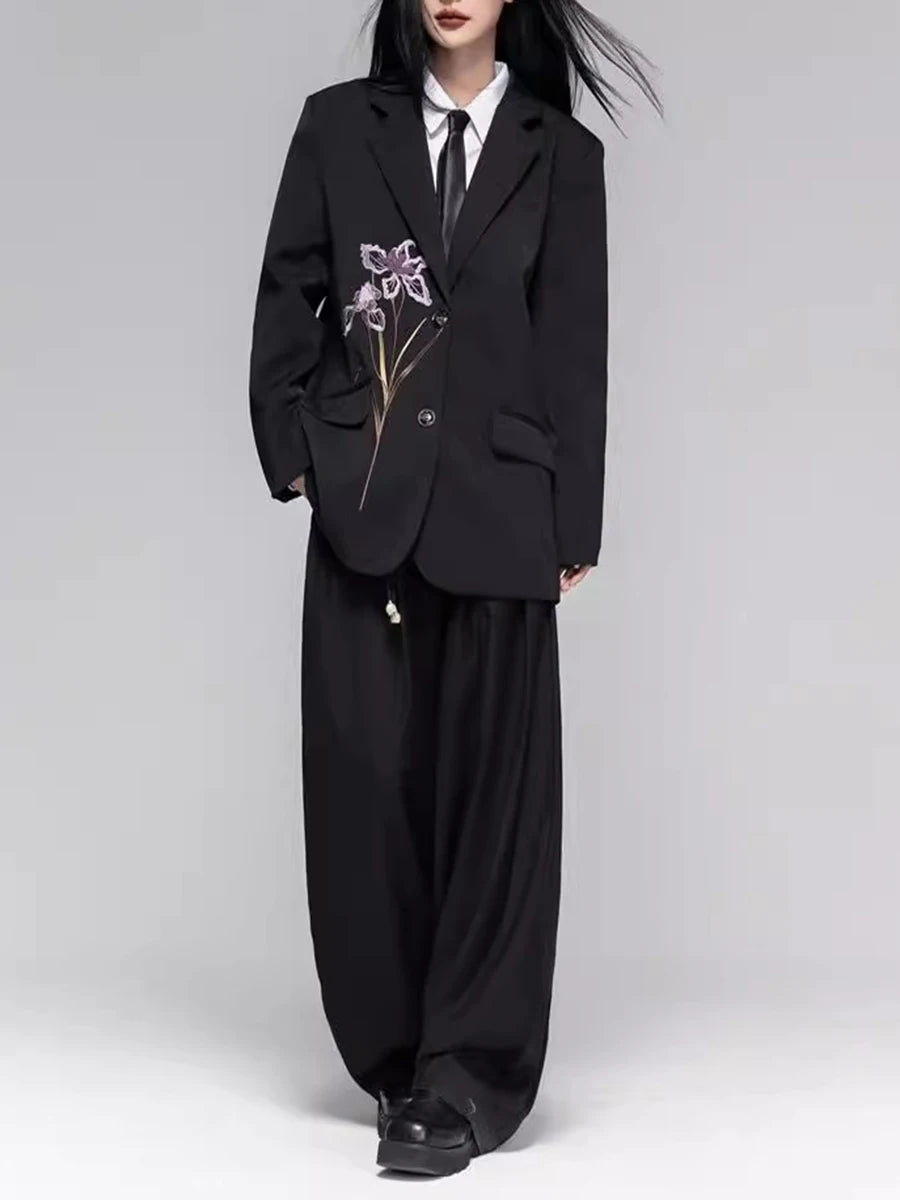 Solid Loose Spliced Embroidery Elegant Blazers for Women Lapel Long Sleeves Patchwork Buttons Blazer Female Fashion