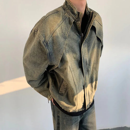 Load image into Gallery viewer, High Street Men&#39;s Denim Jackets Zipper Patchwork Casual Worn-out Washing Stand Collar Male Coats New Autumn Fashion 9C6718
