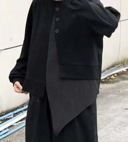 Women Black Irregular Hem Spliced Big Size T-shirt New Round Neck Long Sleeve Fashion Tide Spring Autumn 2025 1DJ0229