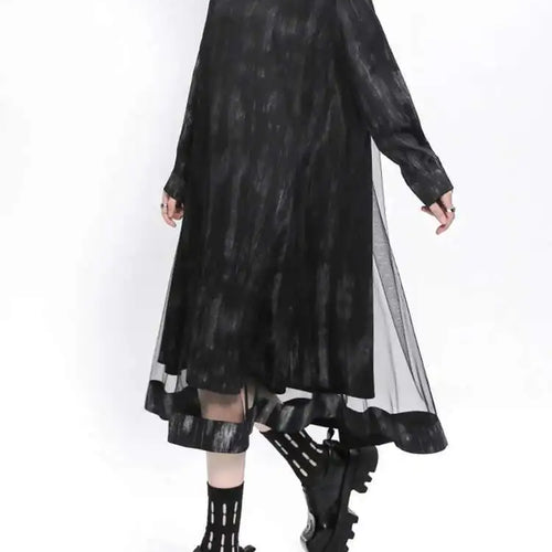 Load image into Gallery viewer, Women Black Hollow Out Mesh Spliced Big Size Dress New Stand Collar Long Sleeve Fashion Tide Spring Autumn 2025 1DJ0051
