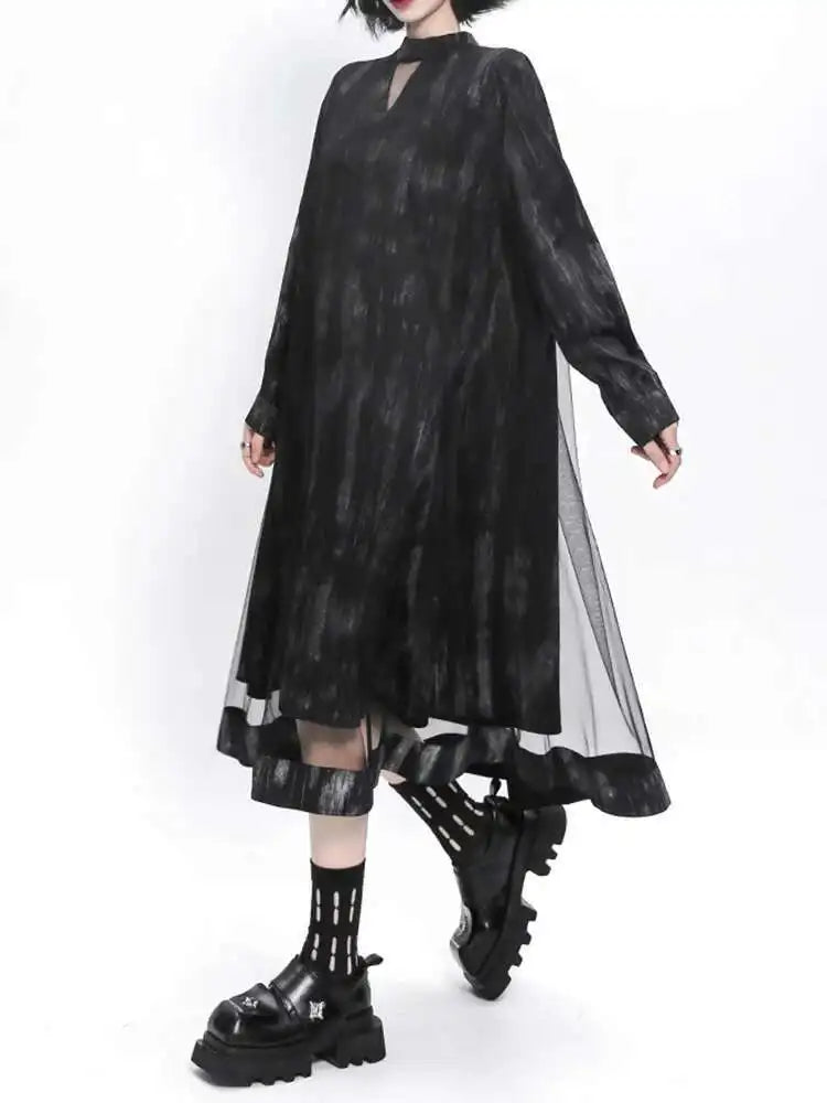 Women Black Hollow Out Mesh Spliced Big Size Dress New Stand Collar Long Sleeve Fashion Tide Spring Autumn 2025 1DJ0051