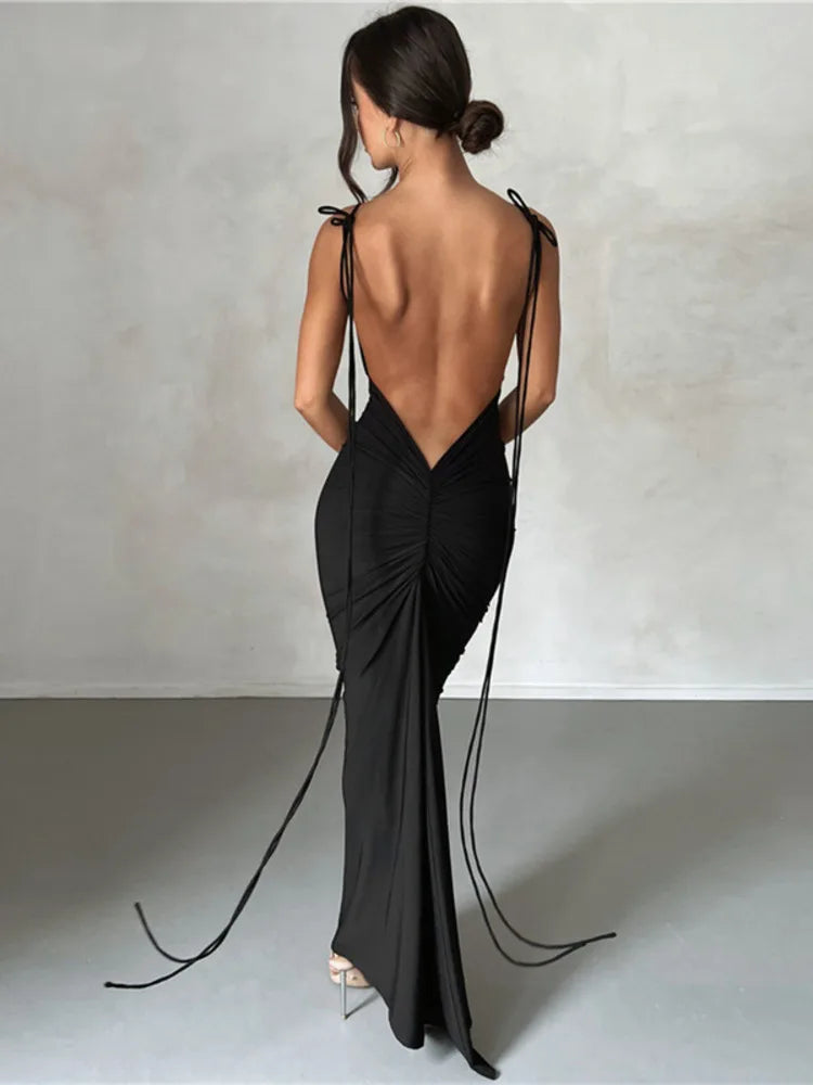 Elegant Sleeveless Summer 2024 New Women Fashion Strap Sexy Open Back Slim Wrap Hip Dress Slim Fit Party Evening Dress
