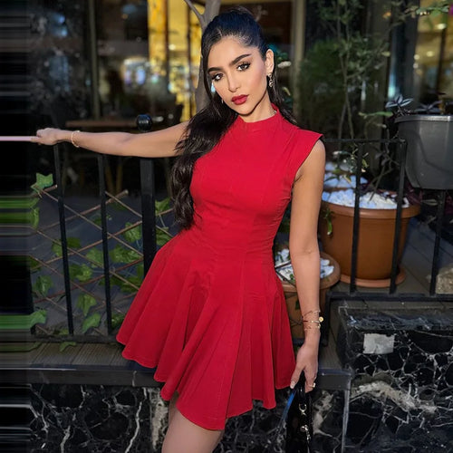 Load image into Gallery viewer, Half High Collar Sleeveless Sexy Mini Dress For Women Fashion Solid Red High Waist A-line Club Pleated Sexy Dress
